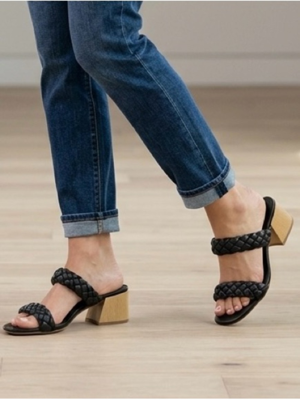 DV by Dolce Vita Black Leather Braided Double-Strap Block Heel Mules